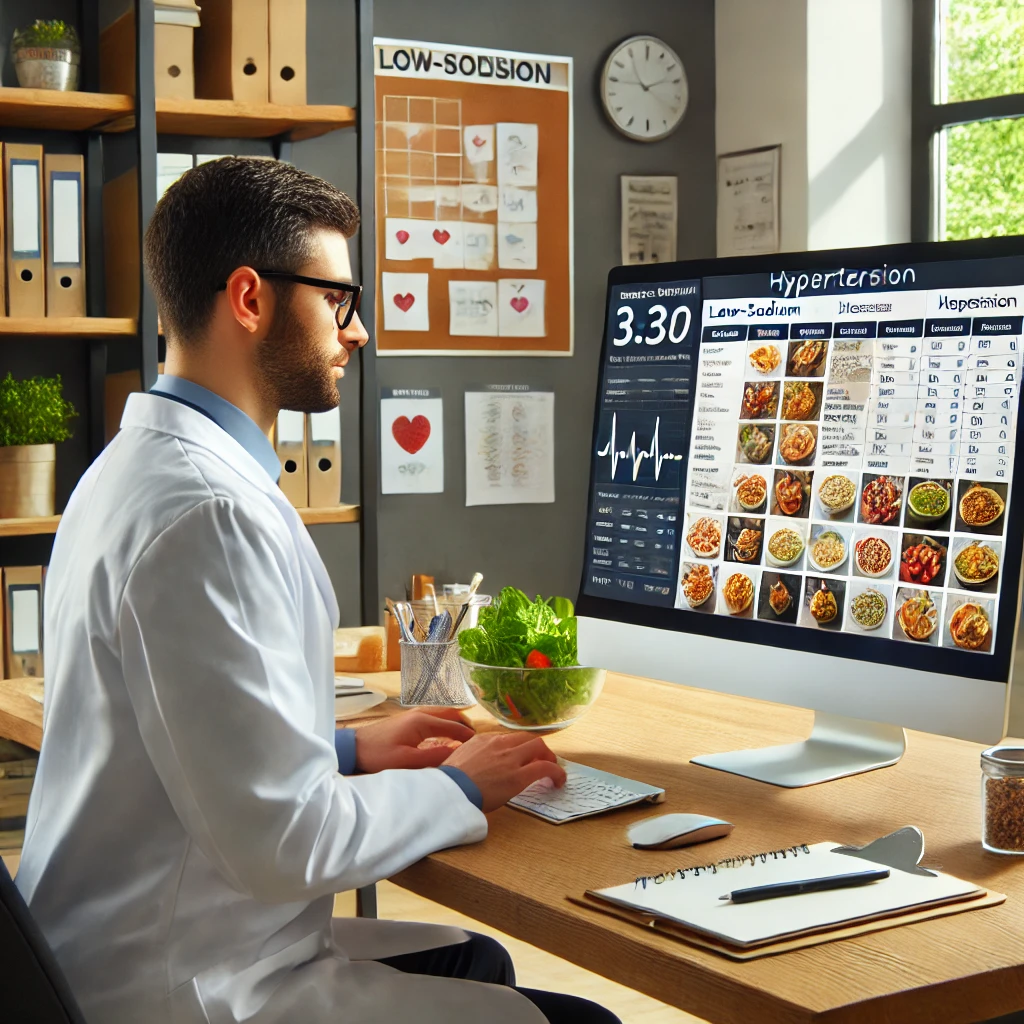 alt="Nutriólogo diseñando menús saludables para personas con hipertensión con ayuda de software especializado."