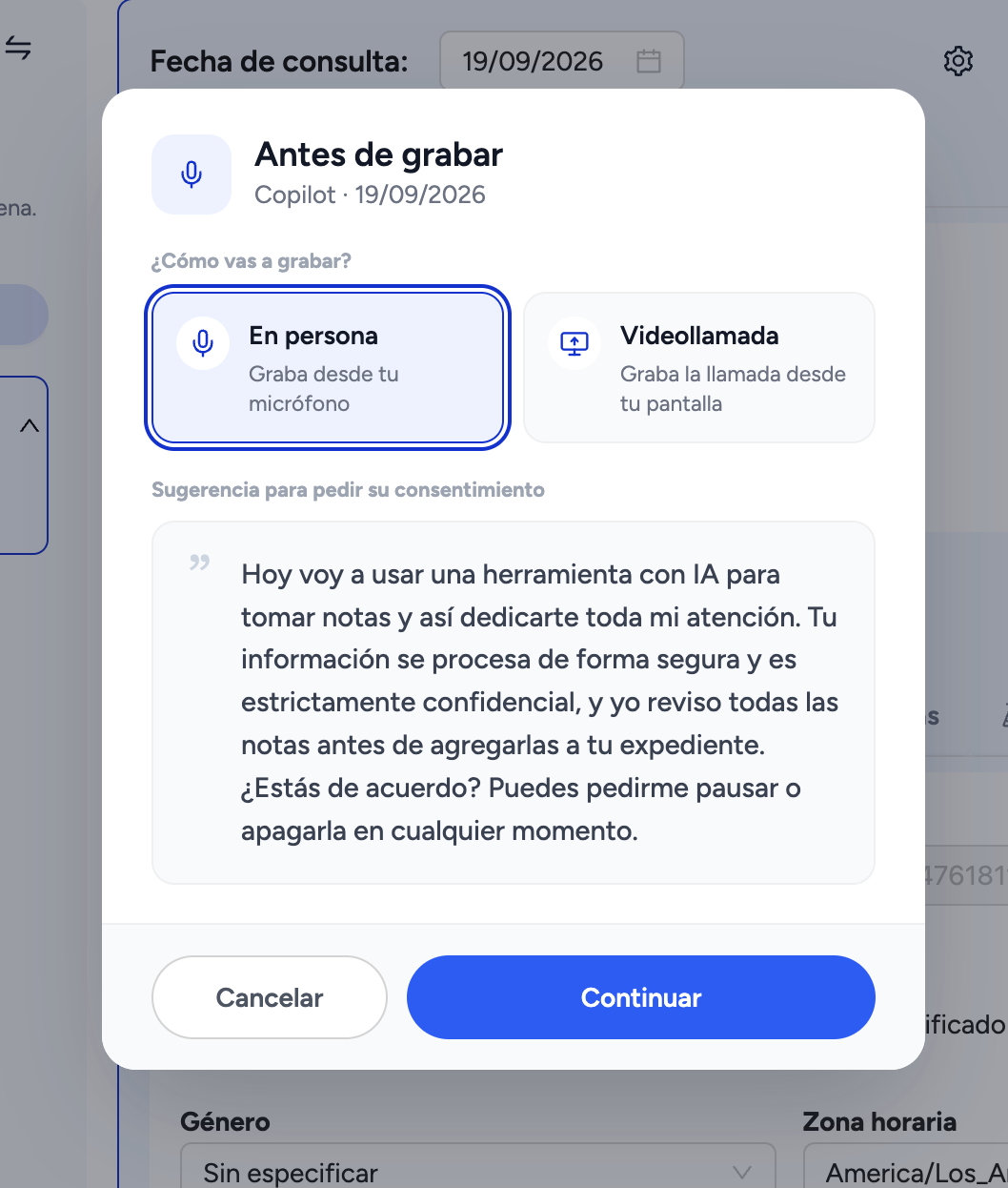 Modal “Antes de grabar” en Avena: opciones En persona o Videollamada y sugerencia de texto para pedir el consentimiento del paciente