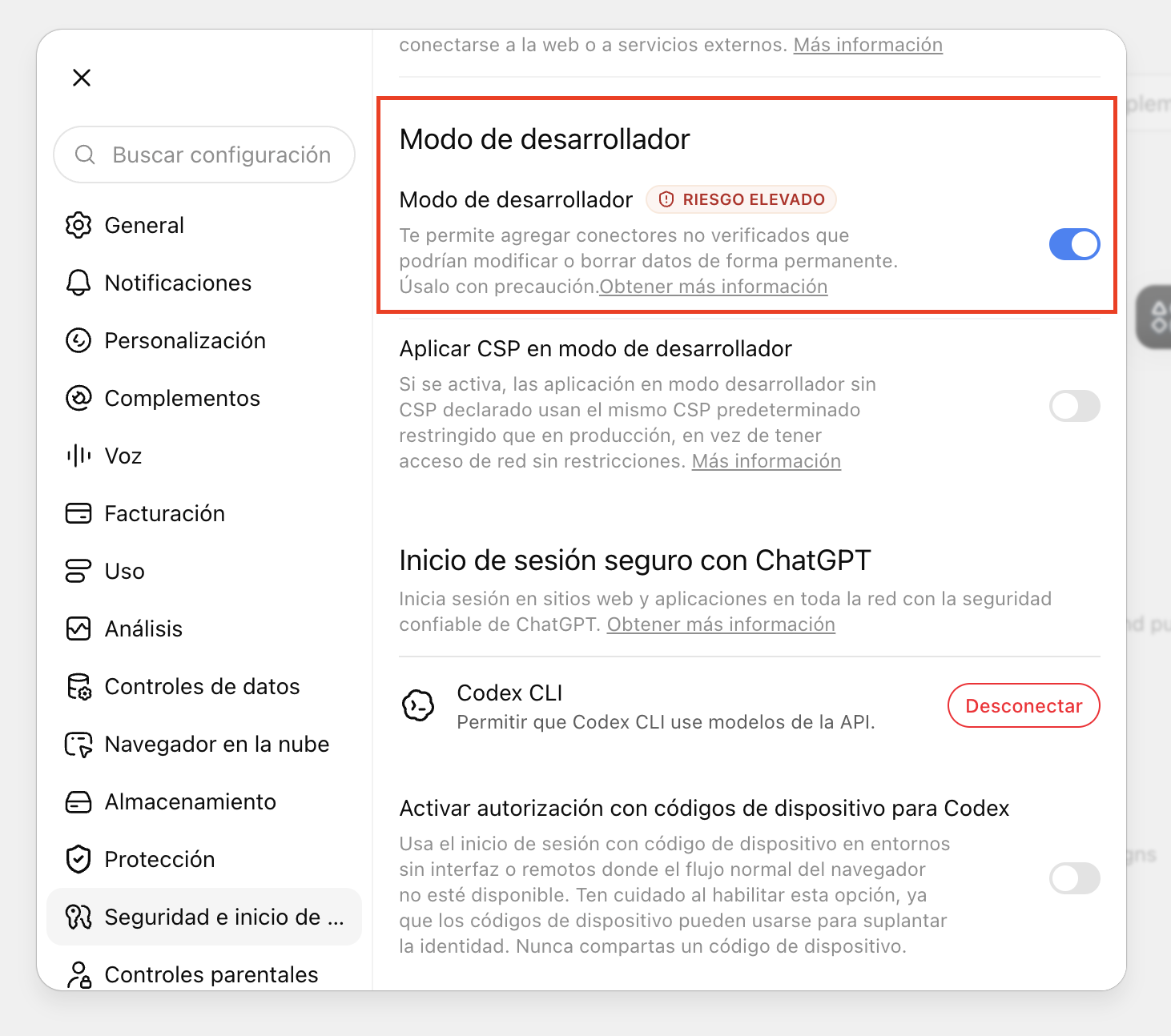 Activa el modo desarrollador en Ajustes → Seguridad de ChatGPT
