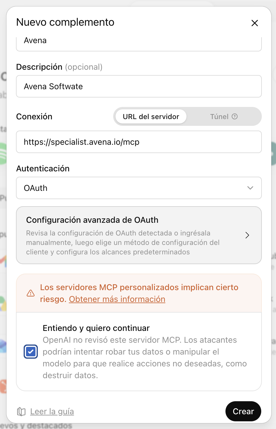 Formulario de nuevo complemento en ChatGPT: nombra el plugin Avena y pega la URL del MCP