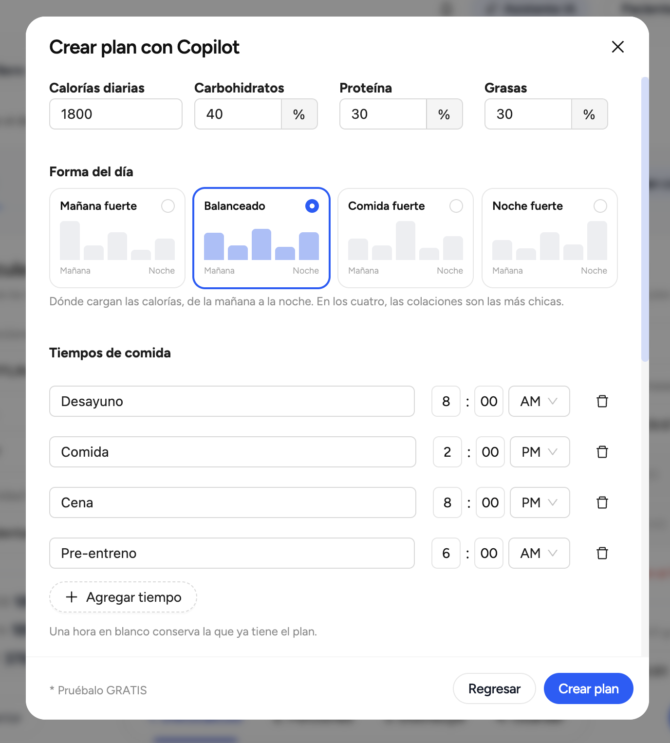 Crear plan con Copilot en Avena: calorías diarias, macros, forma del día y tiempos de comida para generar el menú automáticamente