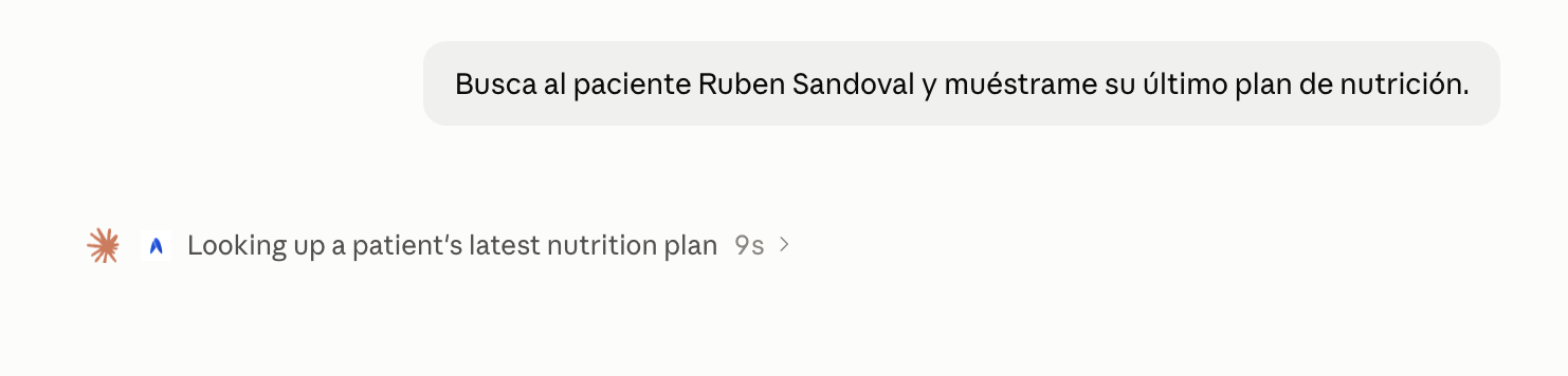Claude buscando el último plan de nutrición de un paciente en Avena Especialista