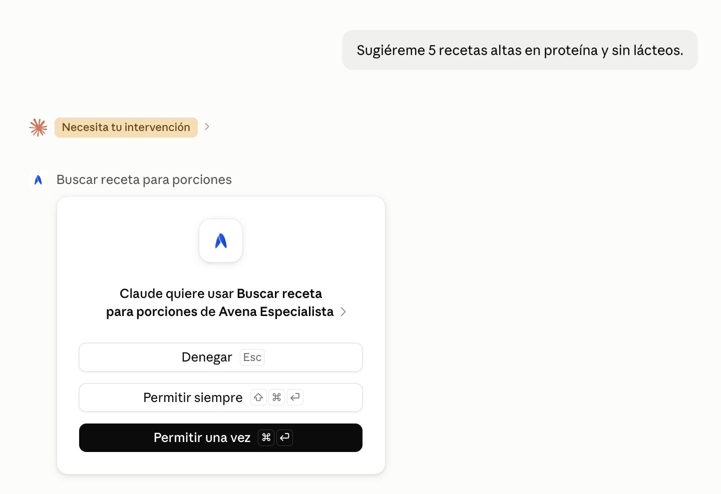 Claude buscando recetas altas en proteína y sin lácteos en Avena Especialista